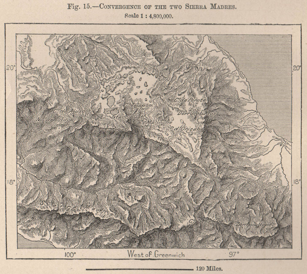 Convergence of the two Sierra Madres. Mexico 1885 old antique map plan chart